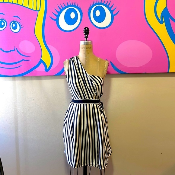 Thread Social Black White Striped Silk One Shoulder Dress